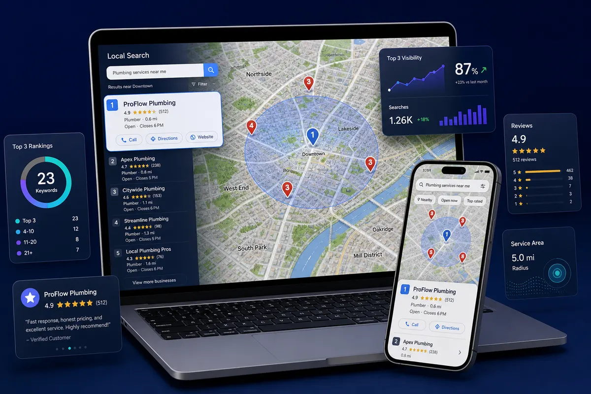 Realistic local SEO map rankings, business listings, reviews and service area